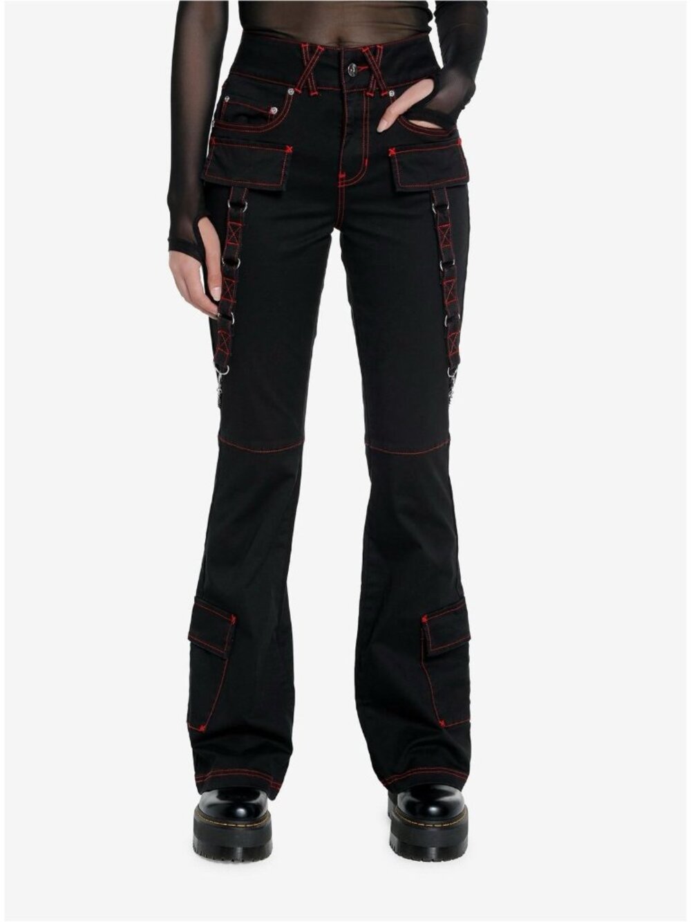 Hot Topic Black & Red Contrast Stitch Strap Flare Cargo Pants Size 5 Edgy - Picture 2 of 12